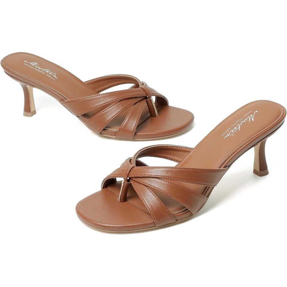 Mostrin Women's Brown Strappy Kitten Round Open Toe Fashion Thong Heeled Sandals - Picture 9 of 9